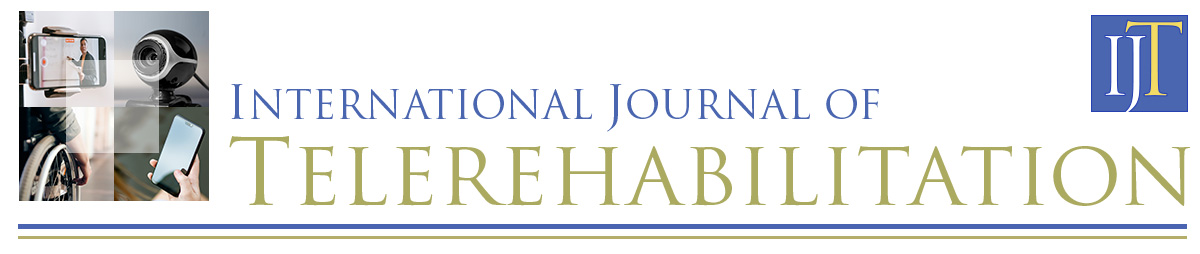 Banner for the International Journal of Telerehabilitation displays the journal monogram, ITJ, and four photos that represent telerehabilitation: open laptop computer, web cam, wheelchair user, and touch pad of a mobile phone.
